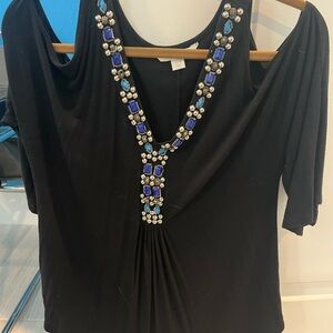 Elegant Black Top with Blue Embellishments